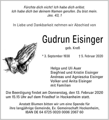 Traueranzeige von Gudrun Eisinger von Schwetzinger Zeitung