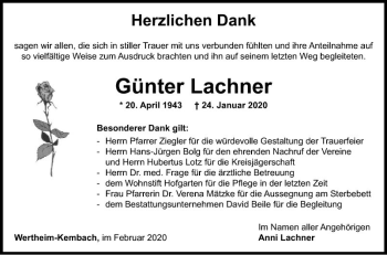 Traueranzeige von Günter Lachner von Fränkische Nachrichten