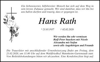 Traueranzeige von Hans Rath von Mannheimer Morgen