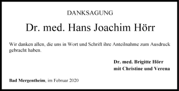 Traueranzeige von Hans Joachim Hörr von Fränkische Nachrichten