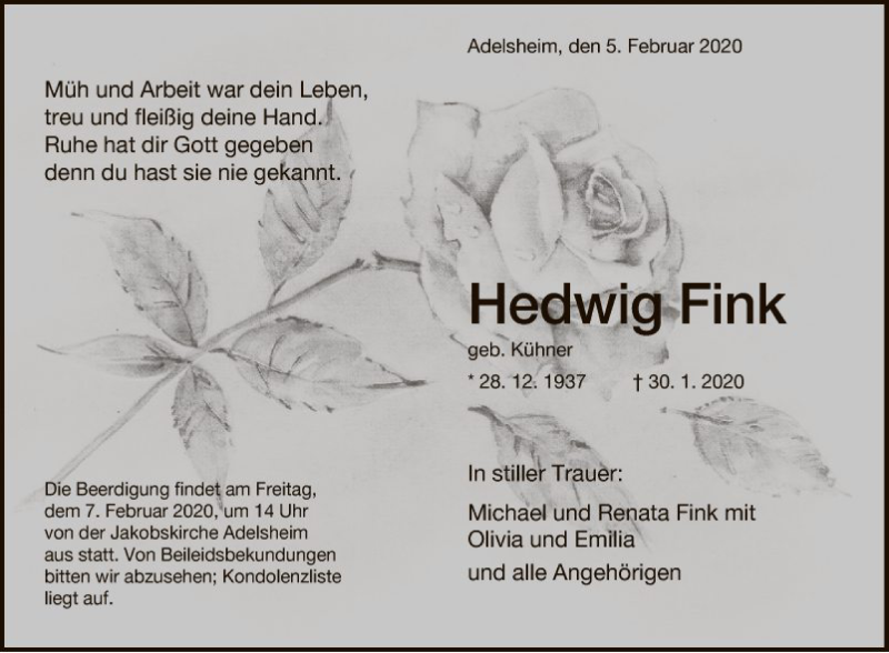  Traueranzeige für Hedwig Fink vom 05.02.2020 aus Fränkische Nachrichten