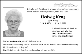 Traueranzeige von Hedwig Krug von Fränkische Nachrichten
