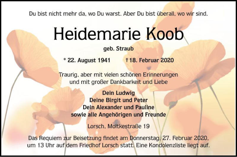  Traueranzeige für Heidemarie Koob vom 22.02.2020 aus Bergsträßer Anzeiger