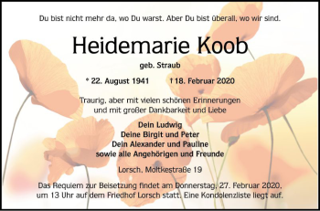 Traueranzeige von Heidemarie Koob von Bergsträßer Anzeiger