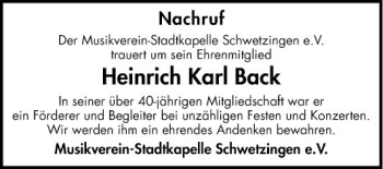 Traueranzeige von Heinrich Karl Back von Schwetzinger Zeitung