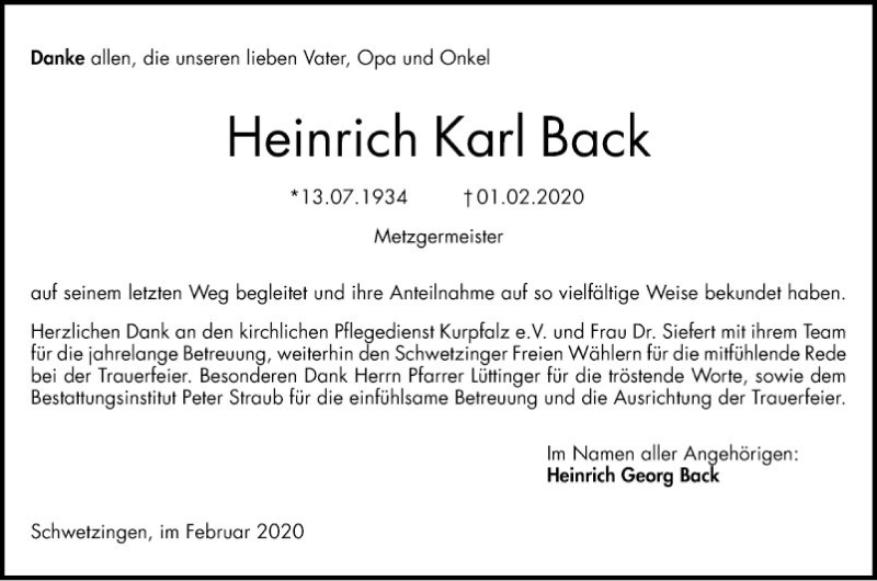  Traueranzeige für Heinrich Karl Back vom 15.02.2020 aus Schwetzinger Zeitung
