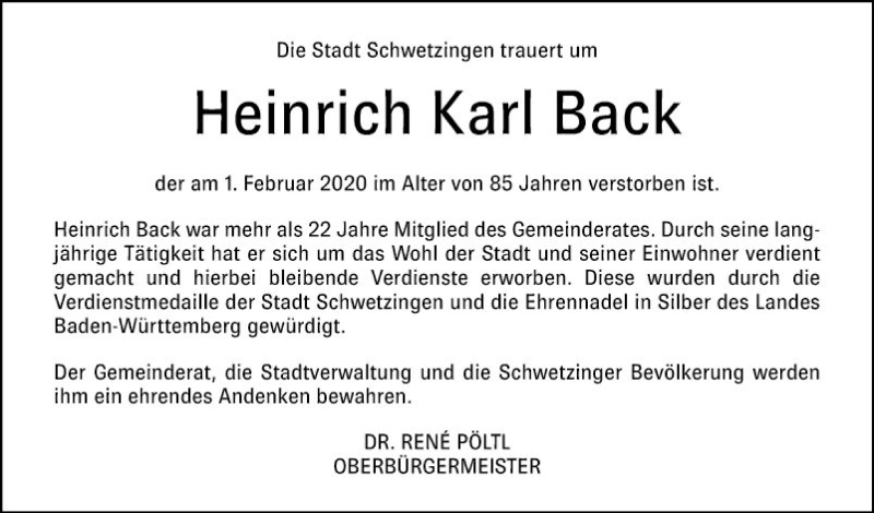  Traueranzeige für Heinrich Karl Back vom 05.02.2020 aus Schwetzinger Zeitung