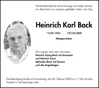Traueranzeige von Heinrich Karl Back von Schwetzinger Zeitung