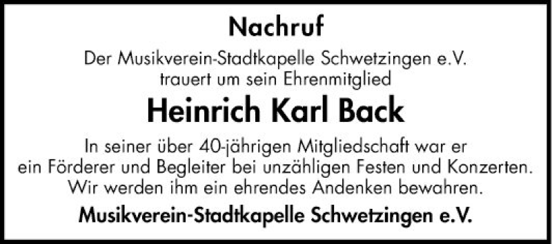  Traueranzeige für Heinrich Karl Back vom 07.02.2020 aus Schwetzinger Zeitung