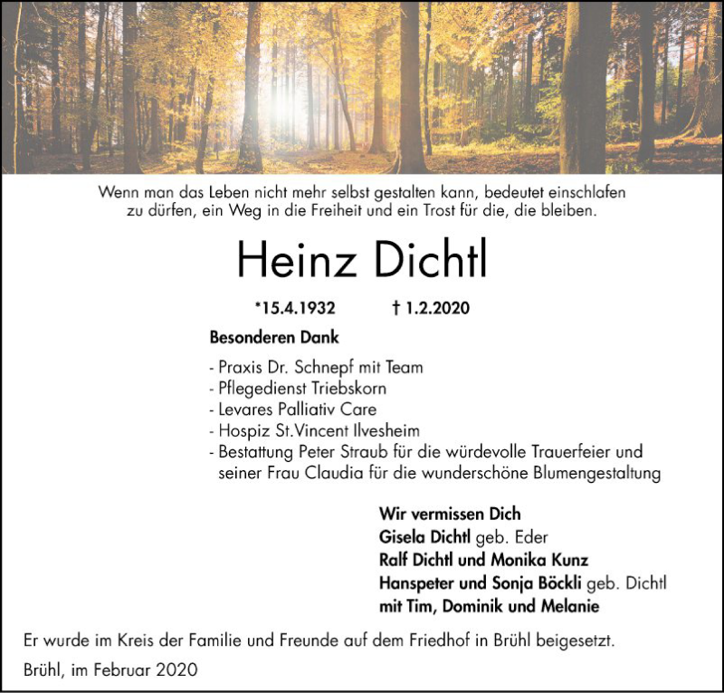 Traueranzeige für Heinz Dichtl vom 29.02.2020 aus Schwetzinger Zeitung
