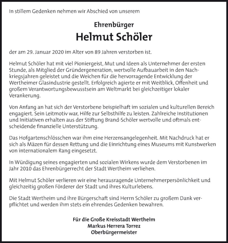  Traueranzeige für Helmut Schöler vom 06.02.2020 aus Fränkische Nachrichten