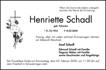 Traueranzeige von Henriette Schadl von Schwetzinger Zeitung