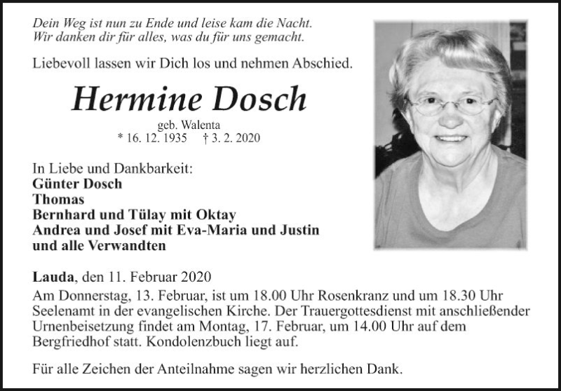  Traueranzeige für Hermine Dosch vom 11.02.2020 aus Fränkische Nachrichten