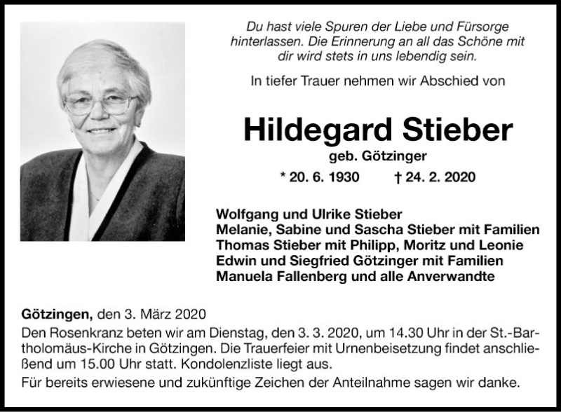 Traueranzeigen von Hildegard Stieber | Trauerportal Ihrer Tageszeitung