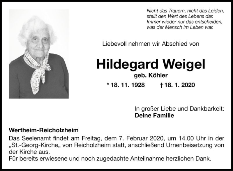  Traueranzeige für Hildegard Weigel vom 01.02.2020 aus Fränkische Nachrichten