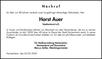 Traueranzeige von Horst Auer von Schwetzinger Zeitung