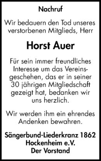 Traueranzeige von Horst Auer von Schwetzinger Zeitung