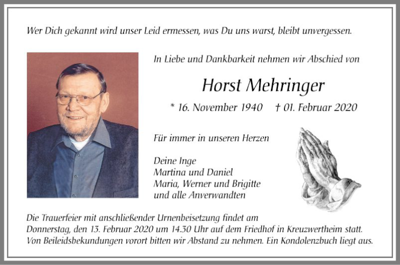  Traueranzeige für Horst Mehringer vom 08.02.2020 aus Fränkische Nachrichten