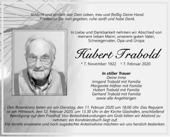 Traueranzeige von Hubert Trabold von Fränkische Nachrichten