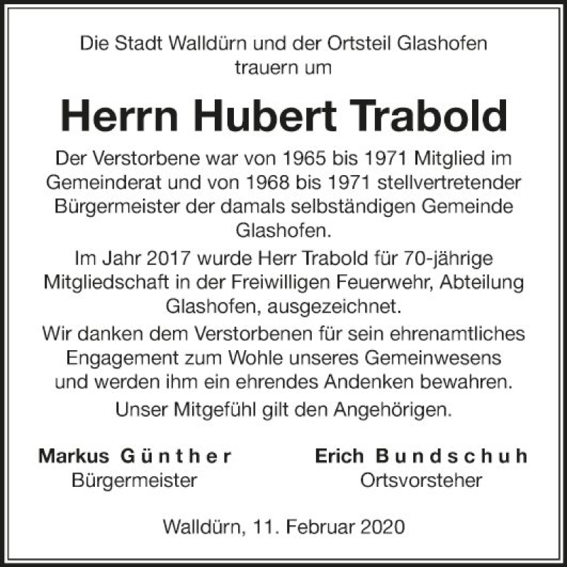  Traueranzeige für Hubert Trabold vom 11.02.2020 aus Fränkische Nachrichten