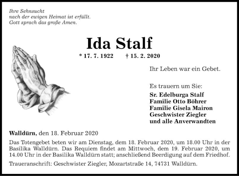  Traueranzeige für Ida Stalf vom 18.02.2020 aus Fränkische Nachrichten