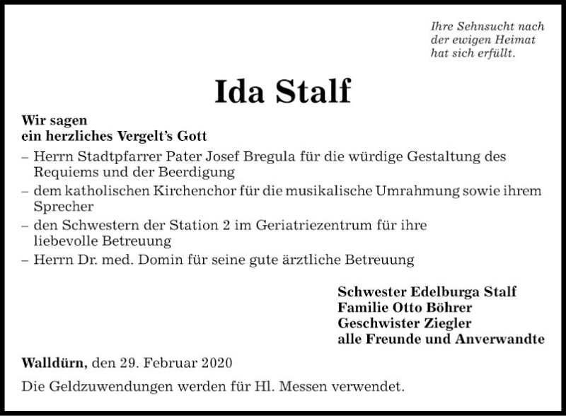  Traueranzeige für Ida Stalf vom 29.02.2020 aus Fränkische Nachrichten