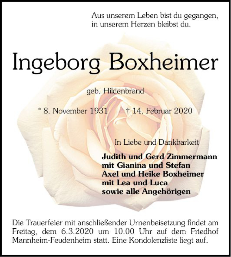  Traueranzeige für Ingeborg Boxheimer vom 29.02.2020 aus Mannheimer Morgen
