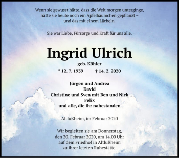 Traueranzeige von Ingrid Ulrich von Schwetzinger Zeitung