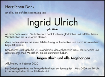 Traueranzeige von Ingrid Ulrich von Schwetzinger Zeitung