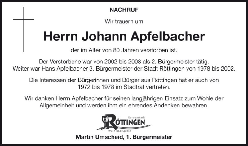  Traueranzeige für Johann Apfelbacher vom 05.02.2020 aus Fränkische Nachrichten