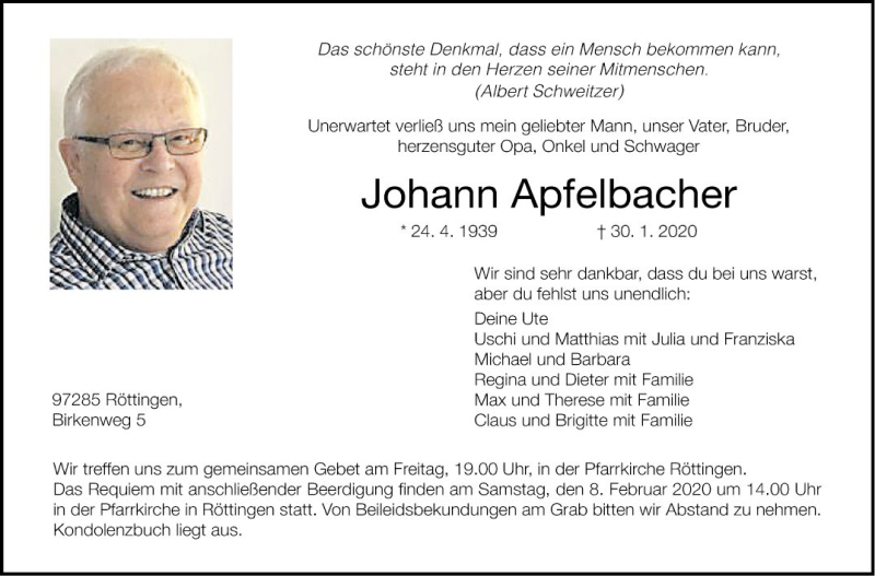 Traueranzeige für Johann Apfelbacher vom 05.02.2020 aus Fränkische Nachrichten