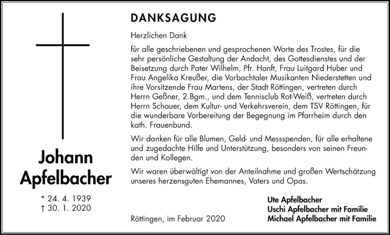  Traueranzeige für Johann Apfelbacher vom 27.02.2020 aus Fränkische Nachrichten