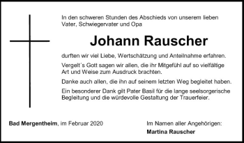 Traueranzeige von Johann Rauscher von Fränkische Nachrichten