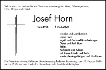 Traueranzeige von Josef Horn von Schwetzinger Zeitung