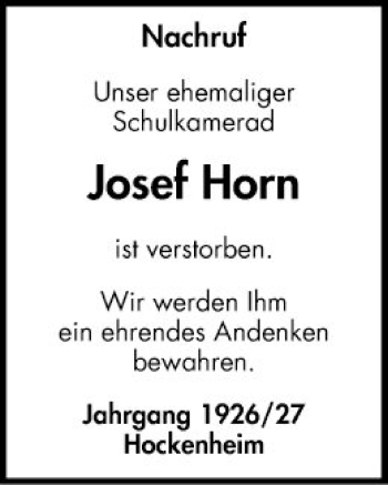 Traueranzeige von Josef Horn von Schwetzinger Zeitung