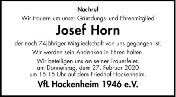 Traueranzeige von Josef Horn von Schwetzinger Zeitung