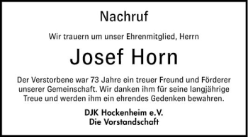 Traueranzeige von Josef Horn von Schwetzinger Zeitung