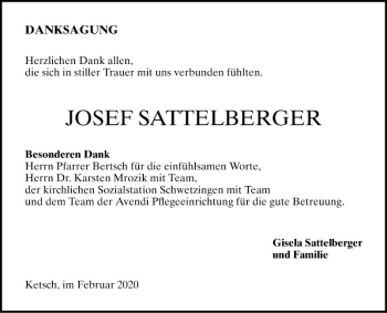 Traueranzeige von Josef Sattelberger von Schwetzinger Zeitung