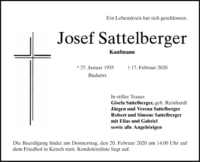  Traueranzeige für Josef Sattelberger vom 18.02.2020 aus Schwetzinger Zeitung