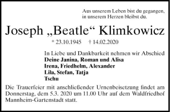 Traueranzeige von Joseph  Klimkowicz von Mannheimer Morgen