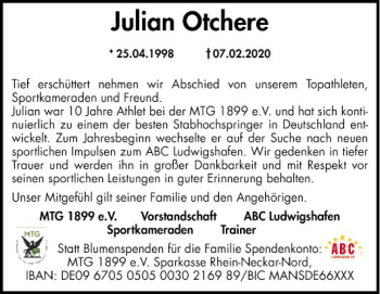 Traueranzeige von Julian Otchere von Schwetzinger Zeitung