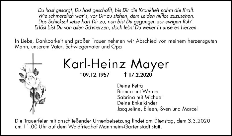  Traueranzeige für Karl-Heinz Mayer vom 29.02.2020 aus Mannheimer Morgen