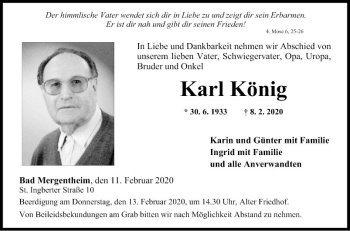 Traueranzeige von Karl König von Fränkische Nachrichten