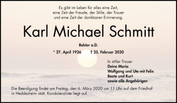 Traueranzeige von Karl Michael Schmitt von Mannheimer Morgen