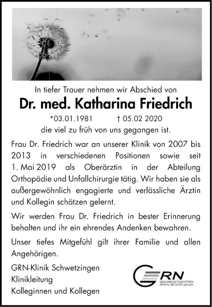  Traueranzeige für Katharina Friedrich vom 12.02.2020 aus Schwetzinger Zeitung