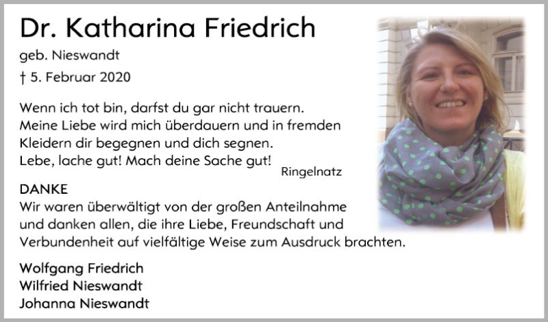  Traueranzeige für Katharina Friedrich vom 22.02.2020 aus Schwetzinger Zeitung