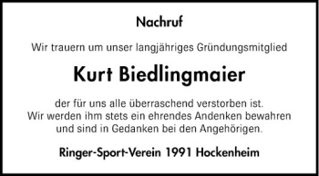 Traueranzeige von Kurt Biedlingmaier von Schwetzinger Zeitung