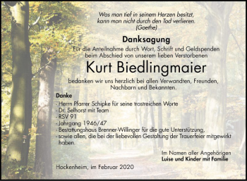 Traueranzeige von Kurt Biedlingmaier von Schwetzinger Zeitung