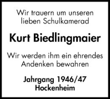 Traueranzeige von Kurt Biedlingmaier von Schwetzinger Zeitung