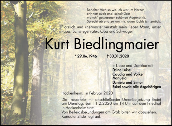 Traueranzeige von Kurt Biedlingmaier von Schwetzinger Zeitung